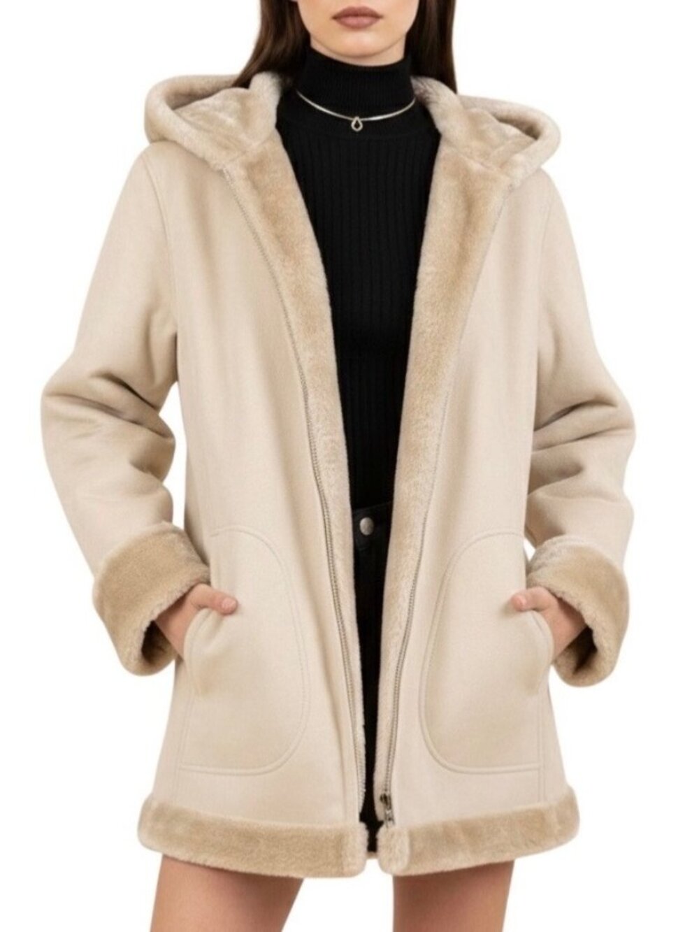 VTG Esprit Faux Suede Shearling Hooded Winter Coat M | Y2K Mob Wife Whimsigoth